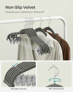 SONGMICS 30 Pack Pants Hangers, 16.7 Inches Long Velvet Trousers Hangers with Adjustable Clips, Heavy-Duty, Non-Slip, Space-Saving for Pants, Skirts, Coats, Dresses, Tank Tops, Gray UCRF12V30
