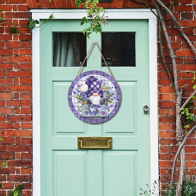 Spring Summer Gnome Lavender Flower Sign for Front Door 12"x12" Purple Floral Buffalo Plaid Wood Door Hanger for Outdoor Outside Porch Spring Summer Farmhouse Wooden Wreath for Wall Porch Yard