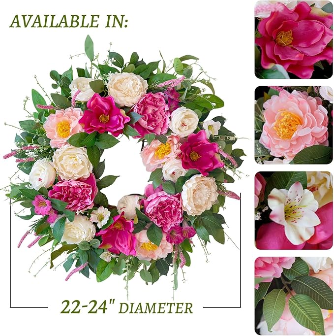 24 Inch Spring Wreaths for Front Door Outside,Artificial Silk Peony Rose Magnolia Spring Summer Wreath with Lavender Greenery | Luxury Summer Wreaths for Front Door-Indoor Outdoor Wreath Decor