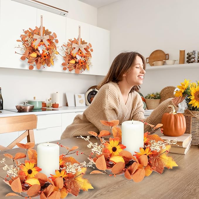 4 Pcs 3 Inch Fall Floral Wreaths Autumn Harvest Sunflowers Pumpkins Leaves Berries Hanging Candle Rings Wreath Mini Thanksgiving Table Centerpiece Wreath for Pillar Cabinets Farmhouse Decoration