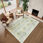 Light Green 5x7 Area Rug - Vintage Floral Washable Bedroom Rug for Living Room, Nursery, Dining Room - Low Pile, Non-Slip, Stain Resistant, Retro Indoor Floor Rug