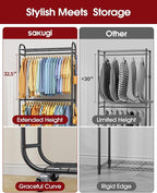 Stylish Clothes Rack - Rust-Proof Clothing Rack with Shelves, Hangers, Removable Hooks, Anti-Tip Wardrobe Closet with Lockable Wheels & Wall Anchor for Bedroom, 33.0" x 12.6" x 78.7", Black