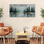 Green Forest Wall Art Vintage Fog Pine Trees Landscape Wall Decor Nature Green and Gold Forest Lake Scenery Canvas Prints Pictures Farmhouse Artwork for Kitchen Living Room Home Decorations 24x48"
