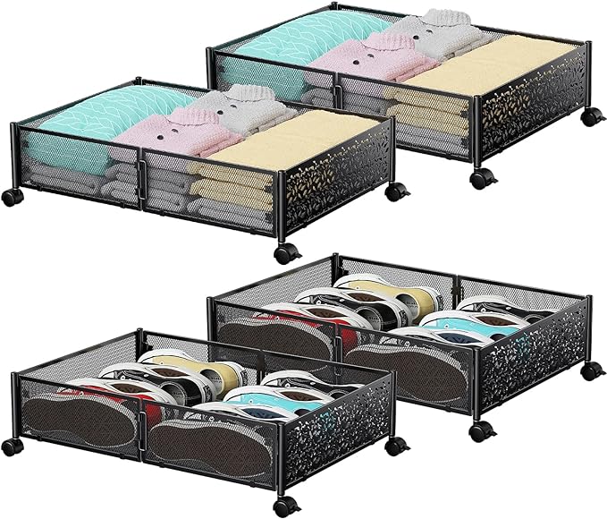 Under Bed Storage, Under the Bed Storage Containers with Wheels, Under Bed Shoe Storage Organizer Drawer for Bedroom Clothes Shoes Blankets -4Pack