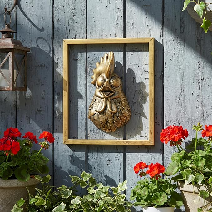 Newinhome Animal Heads Wall Decor (Includes Metal Frame) Resin Animals Sculptures Head Wall Hanging Decoration Gold vintage Wall Sculpture for Living Room Bedroom Office(Rooster)
