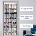 35 Pockets Over the Door Shoe Organizer, Hanging Shoe Organizer for Door with 35 Mesh Pockets Large Capacity Shoe Hanging Storage Bag with 4 Metal Hooks (White-1Pack)
