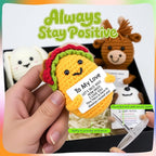 6 Pack Cute Handmade Crochet Dolls Set with Positive Cards & Black Gift Box - Cat Rabbit Sloth Calf Coffee Cup & Taco, Emotional Support Gifts for Friends Women Men Funny Desk Decor for Holidays