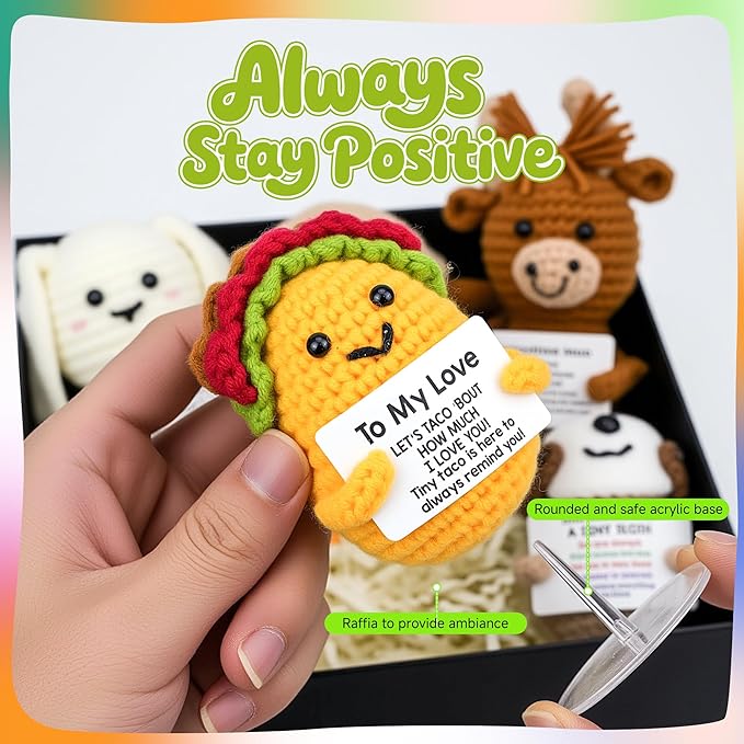 6 Pack Cute Handmade Crochet Dolls Set with Positive Cards & Black Gift Box - Cat Rabbit Sloth Calf Coffee Cup & Taco, Emotional Support Gifts for Friends Women Men Funny Desk Decor for Holidays