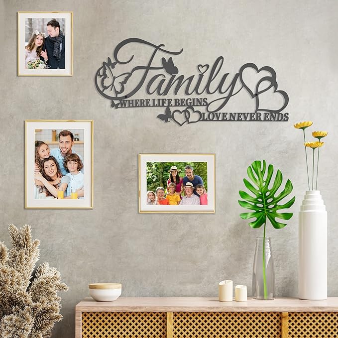 Family Where Life Begins Love Never Ends Word Wall Art Decor, Black Family Metal Wall Sign with Butterflies Heart, Iron Letters Hanging Sculpture for Kitchen Living Room Decoration (A)