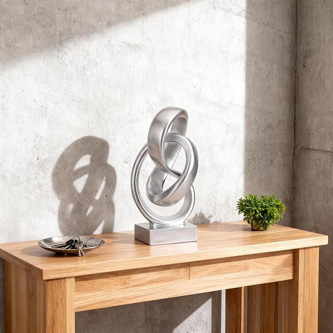 DOVDOV Abstract Silver Knot Sculpture, Geometric Decorative Statue, Silver Accent Piece for Living Room Coffee Table or Bookshelf Surface, Office TV Cabinet or entryway Console Table Decoration.