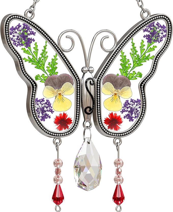 KY&BOSAM Butterfly Suncatchers Gifts for Mom Family Friends Stained Glass Suncatchers for Windows Hangings Wind Chimes Real Flower Colorful Crystal Outdoor for Garden Indoor Home Trees Party Decor