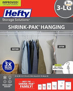 Hefty Shrink-Pak Vacuum Storage Bags - Space Saver for Under Bed Storage, Clothing and Comforters, 3X More Storage Space - 3 Large Hanging Bags
