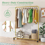 Simple Trending Standard Clothes Clothing Garment Rack with Storage Shelves, Rolling Clothes Organizer on Wheels for Hanging Clothes, Gold