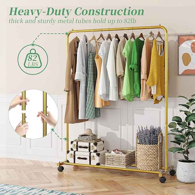 Simple Trending Standard Clothes Clothing Garment Rack with Storage Shelves, Rolling Clothes Organizer on Wheels for Hanging Clothes, Gold