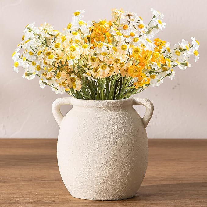 Ceramic Flower Small Vase 6 inch Farmhouse Rustic Vase Decorative Pottery Terracotta Vases for Home Decor Table Mantle Fireplace Living Room Bathroom Wedding Centerpiece