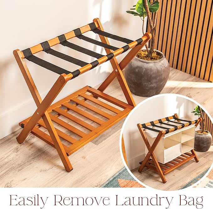 Fully Assembled Walnut Bamboo Folding Luggage Rack for Guest Room, 26.75" Folding Suitcase Stand with Removable Laundry Bag & Storage Shelf, Heavy Duty Foldable Luggage Stand for Bedrooms, Hotels, Airbnbs Holds 215lb