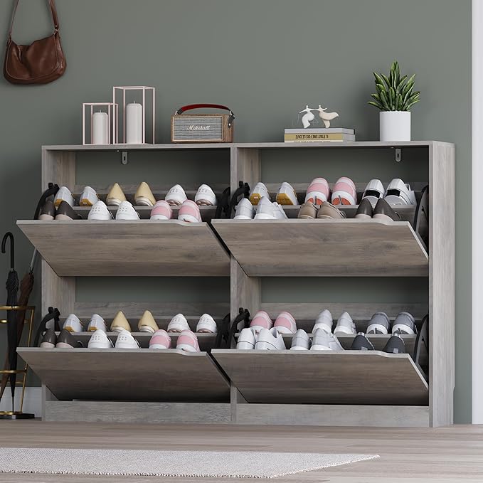 Shoe Cabinet with 4 Flip Drawers, Narrow Hidden Shoe Storage Cabinet, Slim Freestanding Shoe Rack Organizer for Entryway, Hallway, Bedroom, Living Room