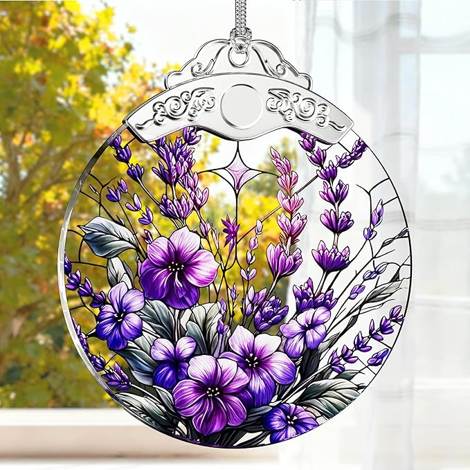 Stained Glass Ornament, Purple Bauhinia and Violets Ornaments, Unique Crystal Ornaments, Hanging Holiday Presents Idea, Car Hanging Ornaments, Car Charm, Mirror Accessories