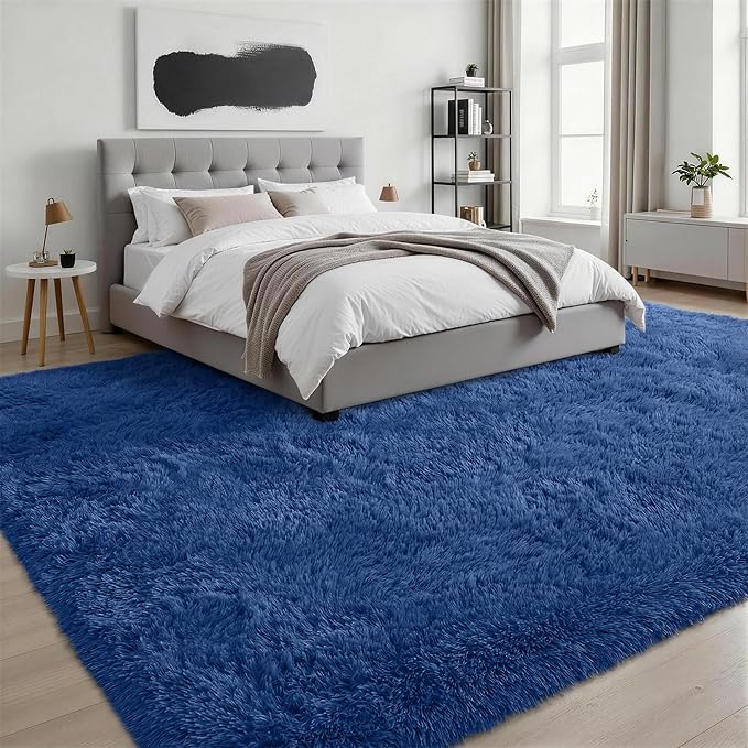 Fluffy Area Rugs 9x12 Living Room Bedroom: Ultra Soft Shag Rug Upgrade Non-Slip Non-Shedding Large Fuzzy Plush Carpet Indoor Floor Carpets for Kids Room Playroom Nursery Dorms Home Decor Blue