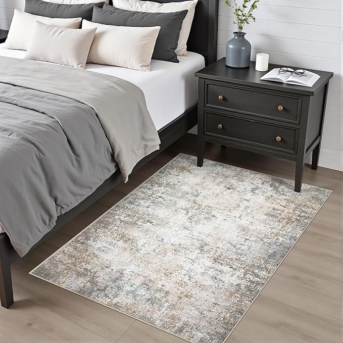 Washable Area Rug 3x5 Entryway Rug: Washable Modern Abstract Soft Thin Rug Indoor Floor No Slip Stain Resistant Carpet for Bedroom Dining Room Farmhouse Nursery Home Office - Brown Grey