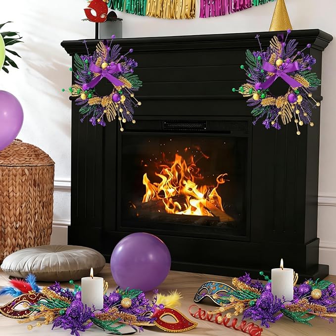 6 PCS Mardi Gras Purple and Green Glitter Mini Cabinet Wreaths for Front Door Carnival Party Decor Wreath Mardi Gras Hanging Garlands Candle Rings for Front Door Home Window Chair Wall Indoor Outdoor
