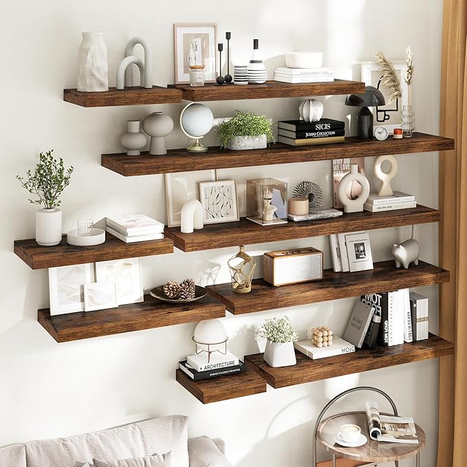 48 Inch Long Floating Shelves for Wall 2 Pack, 12"D Wood Grain Bathroom Shelves with Invisible Brackets, Easy Install Engineered Wood Storage Shelves for Kitchen, Living Room, Bedroom, Rustic Brown