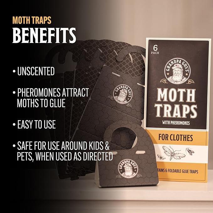 Grandpa Gus's Moth Traps for Clothes, Clothing Moth Killer for Closet and Wardrobe, Pheromone Glue Trap, No Mothballs, Safe for Kids and Pets, 6 Pack