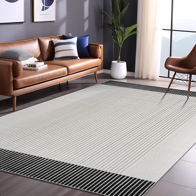 Modern Micro Loop Indoor Area Rugs for Living Room Bedroom Kitchen Geometric Striped Black-White 4x6 Luxury Durable Low and High Pile Non-Shedding Stain Resistant Soft Area Carpet 4 x 6