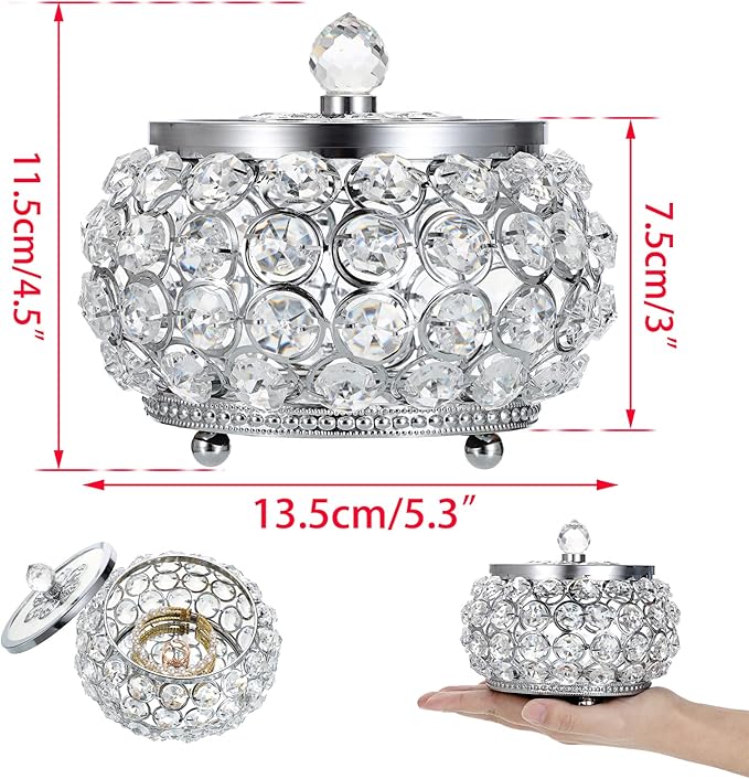 Hipiwe Crystal Jewelry Trinket Box with Glass Lid Silver Mirrored Treasure Box Decorative Jewelry Box Ring Earrings Necklace Storage Keepsake Box Gift for Women