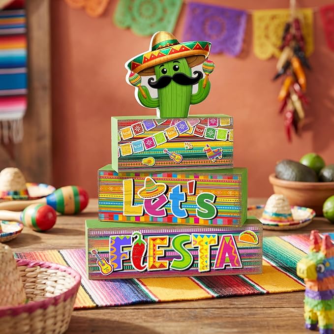 Yuntau 4 Pcs Mexican Fiesta Party Decorations Wooden Cinco De Mayo Tabletop Decor Lets Fiesta Tiered Tray Decor Rustic Wood Block Sign Gift Farmhouse Mexican Centerpieces Portable Shelf Home Office