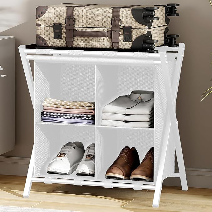 Luggage Rack for Guest Room, Set of 2, Folding Suitcase Stand with Fabric Storage Shelf, Luggage Holder, Steel Foldable Luggage Stand for Guest Room, Bedroom, Hotel, White