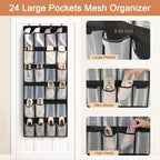 FENTEC 24 Large Pockets Over Door Shoe Organizer, Mesh Hanging Shoe Organizer for Closet Mesh Closet Holder, Back of Door Organizer for Cruise Ships, Rack for Wall, Black, 1 Pack