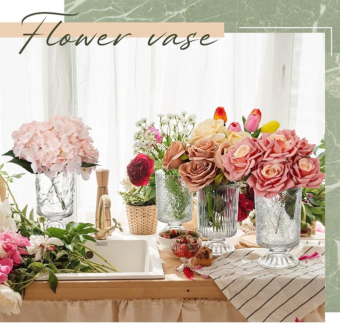 6 Pcs (H:7" W:4") Embossed Flower Vase Pedestal Glass Vase Big Base Thickened Crystal Vintage Vases for Valentines Day Wedding Home Decor Table Centerpiece House Warming Gifts(Clear)