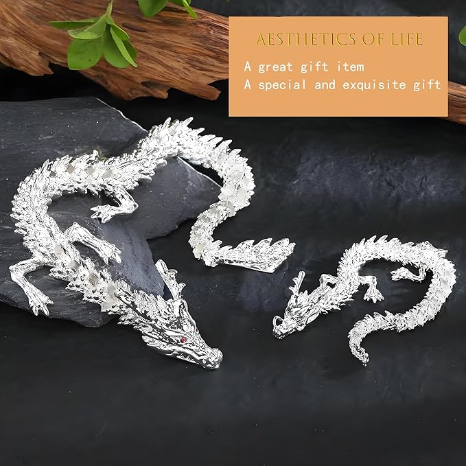 LIYAOLI 3D Printed Metal Articulated Chinese Dragon Figurine Statue Bookshelf Decor 15 Inch Silver Flexible Joints Luck Dragon for Home Office Desk Decoration