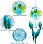 Basumee Dream Catcher for Kids Feather Dream Catchers Handmade Home Decor Wall Hanging with Double Ring for Nursery Bedroom Boys Room, Light Blue Dinosaur