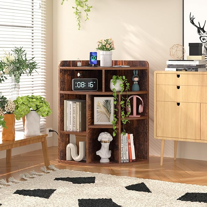 VECELO Corner Cube Shelf with USB Ports & Outlets, Modern Corner Toy Storage Rack with Adjustable Shlef, Wooden Display Bookshelf Bookcase for Living Room, Bedroom, Dining Room, Kitchen, Brown