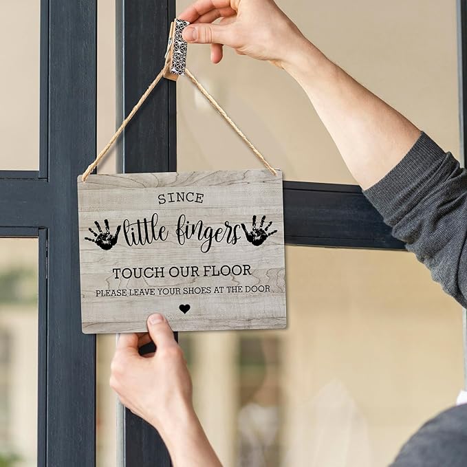 Wall Pediments Shoes Off Sign,Shoes Off Sign for Front Door,Since Little Fingers Touch Our Floor Door Sign,Shoes Off Hanging Welcome Sign for Front Door,6x12 Inches，Wood Grain-6