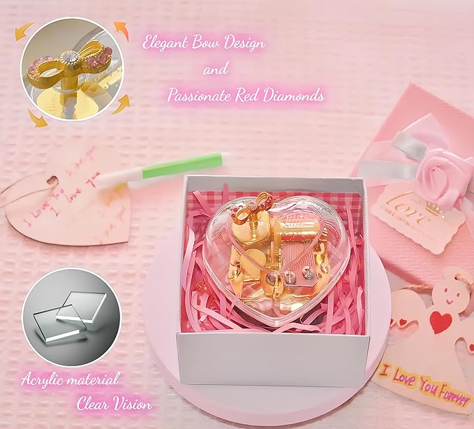 Heart Shaped Acrylic Clear Music Box,Wind Up Musical Box Gift for Girls,Women,Granddaughter,Babies,Perfect for Anniversary,Birthday,Valentine's Day,Christmas,Melody: You are My Sunshine