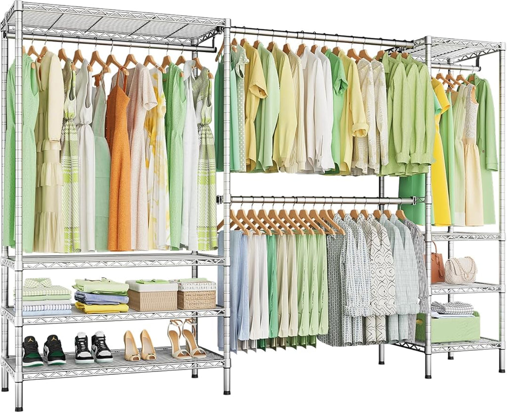 Ulif E11 Heavy-Duty Garment Rack, Metal Freestanding Clothes Rack and Closet Storage Organizer System with 8 Shelves and 4 Hanger Rods, (73.2-97.6)" W x 14.5" D x 71.2" H, Load 1034 LBS, Chrome
