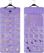 SMRITI Hanging Jewelry Organizer with Dual Zippered Pockets Canvas Double Sided Rotating Hanger Necklace Hanging Wall Organizer Earring Dustproof Holder Wall Mount Accessories Display Bag(Purple)