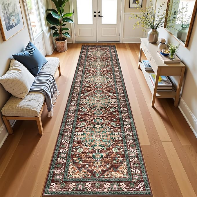 U'Artlines 3' x 16' Boho Hallway Runner Rug, Rust Non Slip Washable Vintage Farmhouse Accent Rug Carpet for Kitchen Entryway Laundry and Living Room (Rust＆Teal)