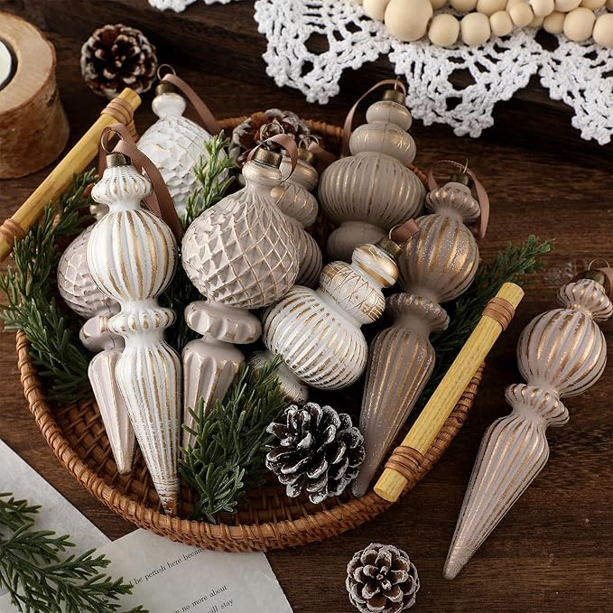 Yunlly 18 Pcs Neutral Christmas Ornaments Textured Christmas Tree Decor with Hanging Loop Modern Brown Hanging Finial Ornaments Shatterproof Home Decor for Xmas Vintage Rustic Farmhouse (Modern Color)
