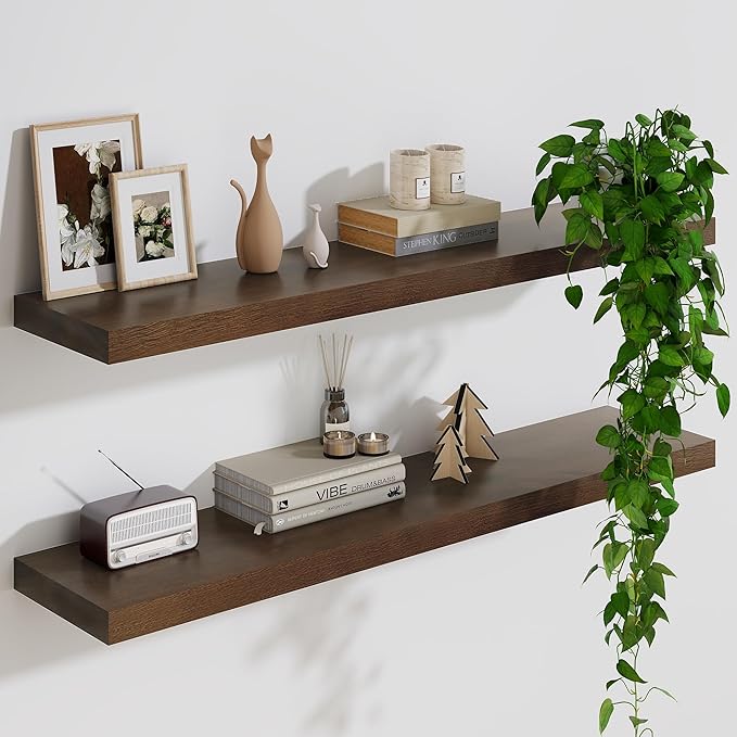 Marsmiles Solid Wood Floating Shelves for Wall, 36”W x 9”D x 1.56”H Large Wall Shelves for Living Room Bedroom Bathroom Kitchen Drcor Storage with Invisible Heavy-Duty Metal Bracket, Walnut, Set of 2