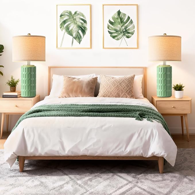 PARTPHONER 23" Farmhouse Modern Ceramic Table Lamp Set of 2 - Sage Green Bedside Lamps for Bedroom & Living Room, Nightstand, Desk, End Table
