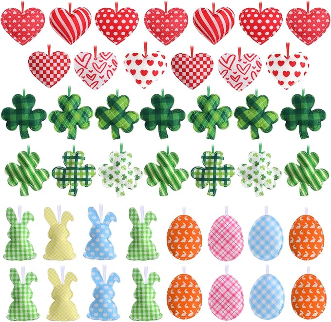 Jutom 54 Pcs Easter Egg Rabbit Ornaments Shamrock Felt Heart Hanging Ornaments Heart Shaped Clover Baubles Shamrock Egg Felt Decoration for Holiday Favor (Lovely)
