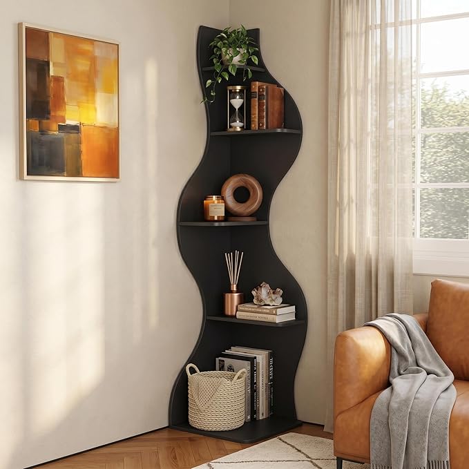 YOWOS Modern Corner Shelf, 5 Tier High Corner Bookshelf for Small Spaces, Scalloped Corner Bookshelf and Storage, Wooden Display Stand for Plants, Books and Decorations (Black)