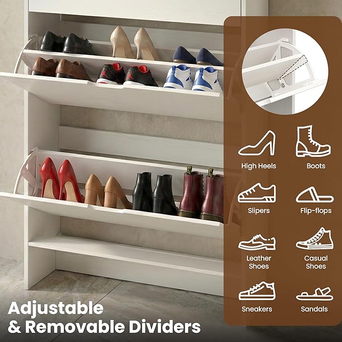 Shoe Cabinet for Entryway Slim, 3-Drawer Flip Hidden Shoe Storage for 21 Pairs, Narrow Tall Wooden Rack with Bottom Shelf & Fenced Top, White