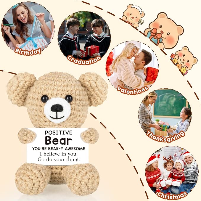 WELLBANEE Positive Crochet Bear Gift for Women Men, Mothers for Dad Mom, Positive Bear Graduation Gift for Daughter Son Student, Teacher, Friends, Boss Gifts for Women Coworker