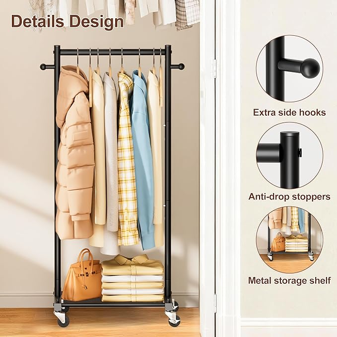 MISSLO Small Clothing Racks for Hanging Clothes 45" Short Clothes Rack with Shelves Metal Rolling Garment Rack with Wheels for Small Space, Closet, Wardrobe, Adults & Kids, Black