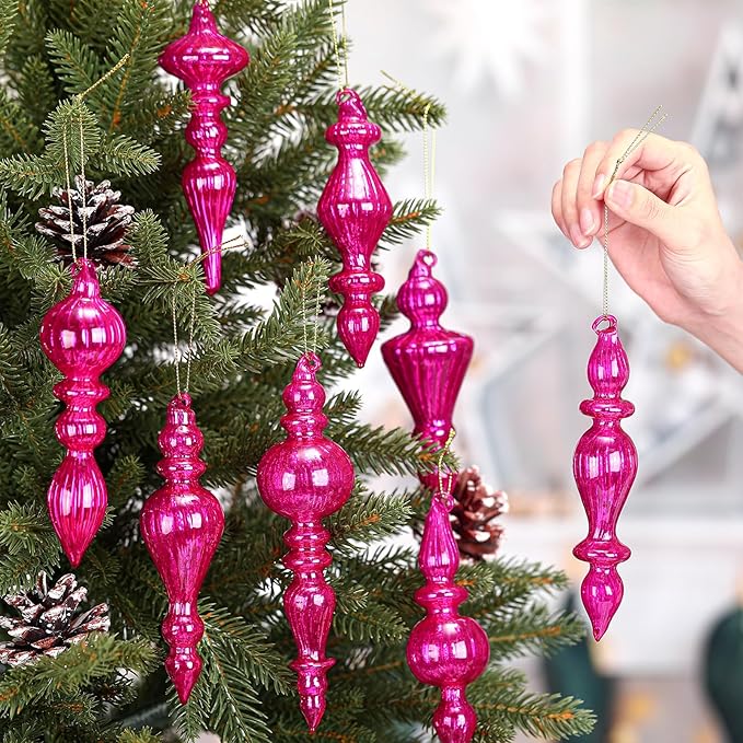 Mifoci 8 Pcs 6 Inch Mercury Glass Finial Christmas Ornaments Hanging Christmas Finials Glass Ornaments Assorted Mercury Decor for Vintage Holiday Xmas Tree Decoration (Hot Pink)